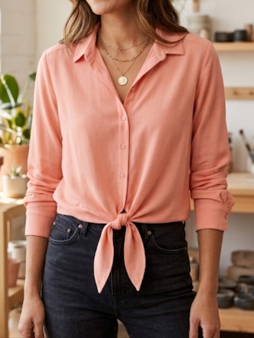 Cloth & Stone By Antropologie Tie-Front Blouse Peach Buttons Lyocell sz M.